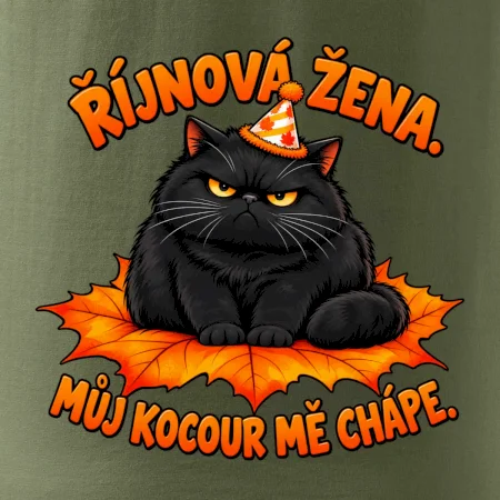 Říjnová žena mrzutý černý kocour na javorovém listu