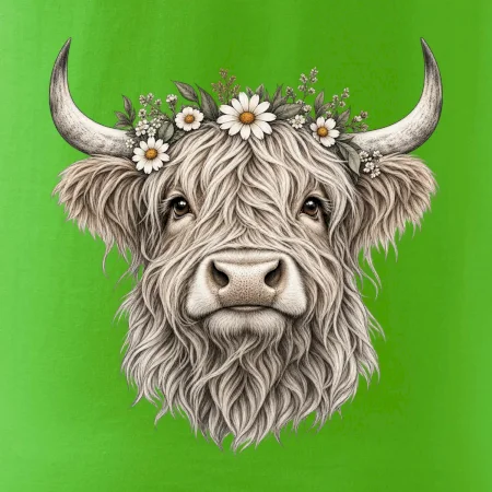Highlandská kráva s květinami