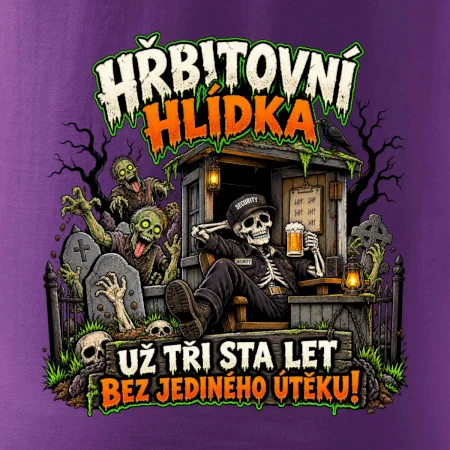 Hřbitovní hlídka kostlivec vrátný s pivem