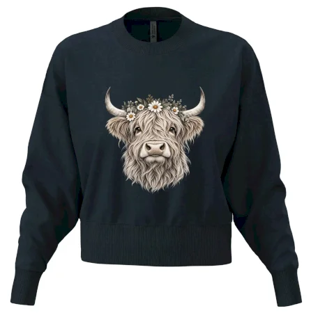 Highlandská kráva s květinami