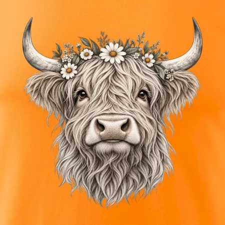 Highlandská kráva s květinami