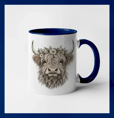 Highlandská kráva s květinami