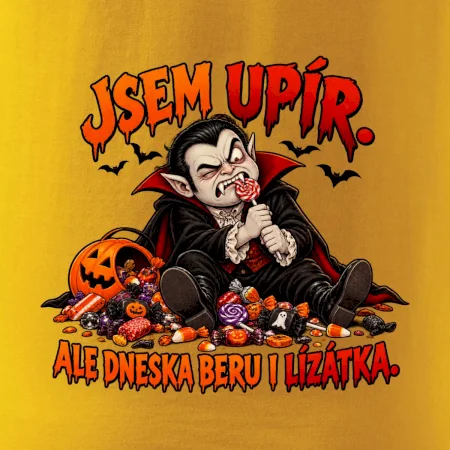 Unavený upír s hromadou sladkostí a lízátkem