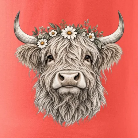 Highlandská kráva s květinami