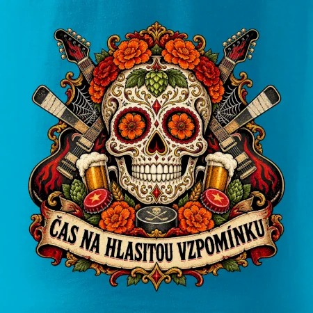 Mexická rocková lebka s kytarami a pivem
