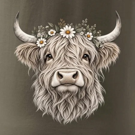 Highlandská kráva s květinami