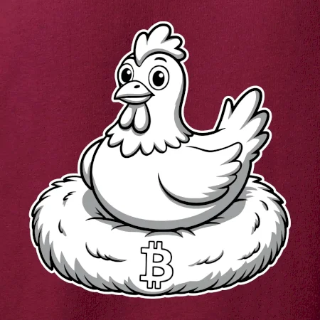 Kuře sedící na bitcoinovém hnízdě