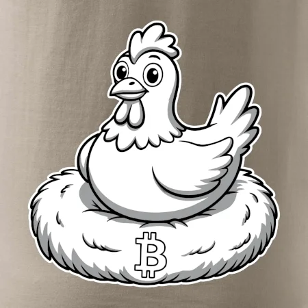 Kuře sedící na bitcoinovém hnízdě