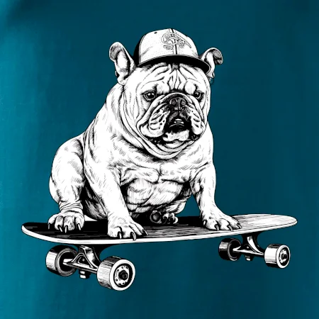 Černobílý buldok na skateboardu