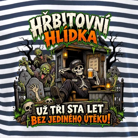 Hřbitovní hlídka kostlivec vrátný s pivem