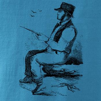 Kreslený pán s kloboukem na rybách