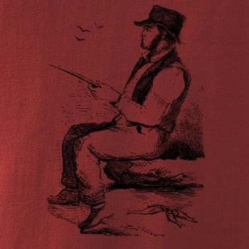 Kreslený pán s kloboukem na rybách