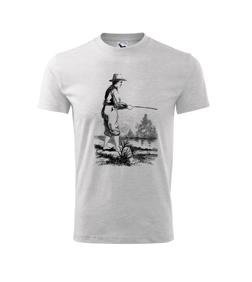 Kreslený rybář s vytaženými kalhotami