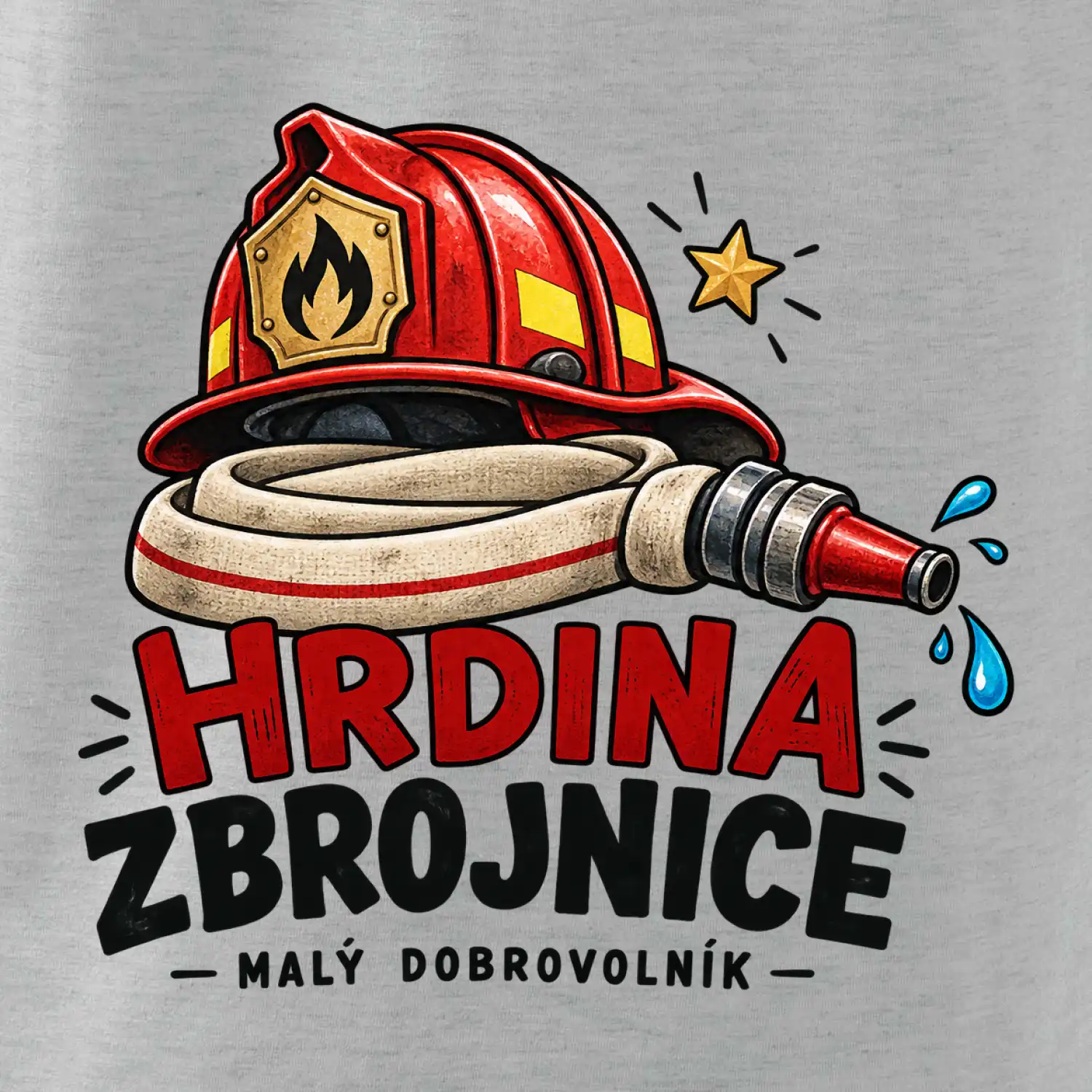 Hrdina s hasičskou přilbou a hadicí