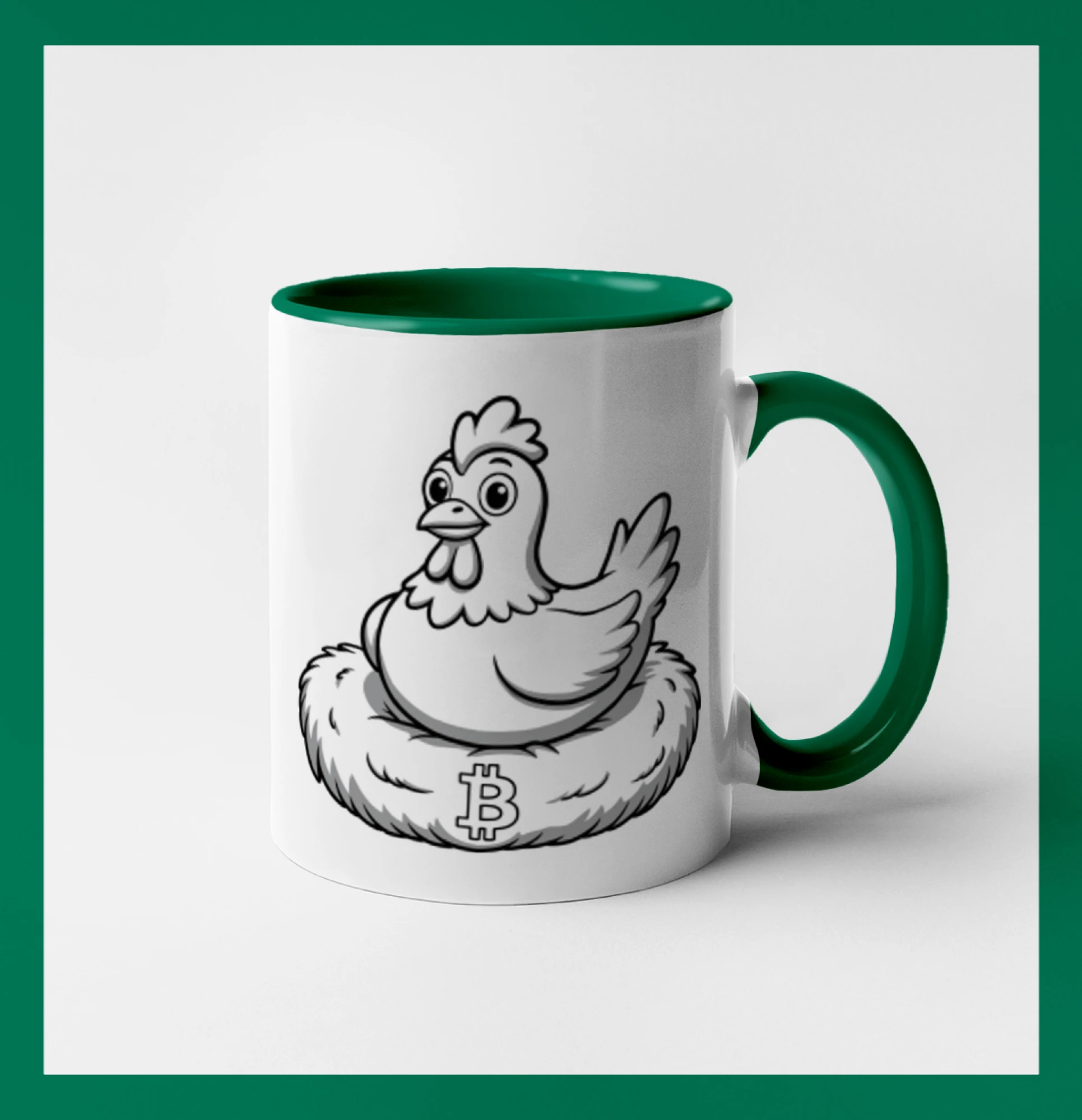 Kuře sedící na bitcoinovém hnízdě