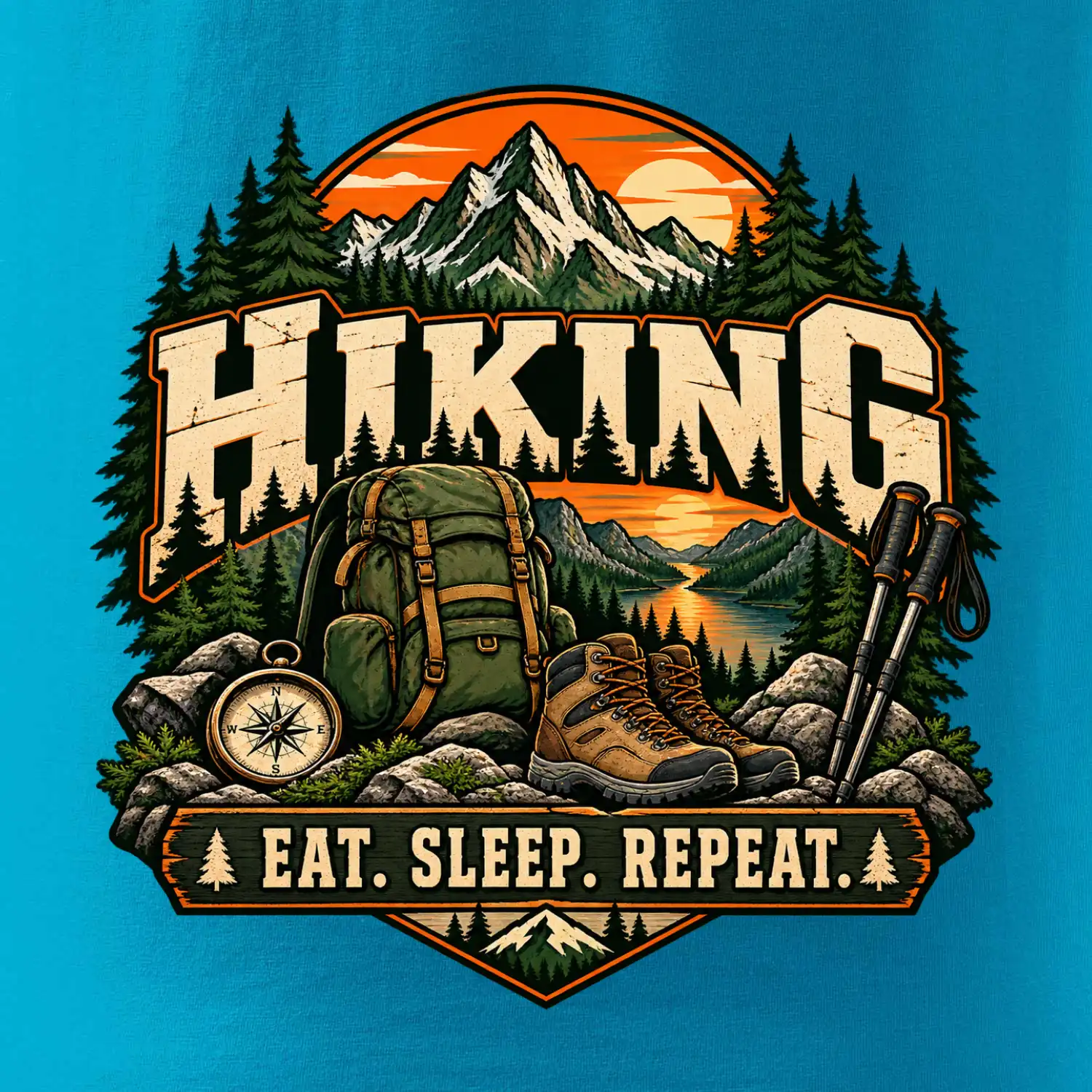 Turistický batoh v horách eat sleep repeat