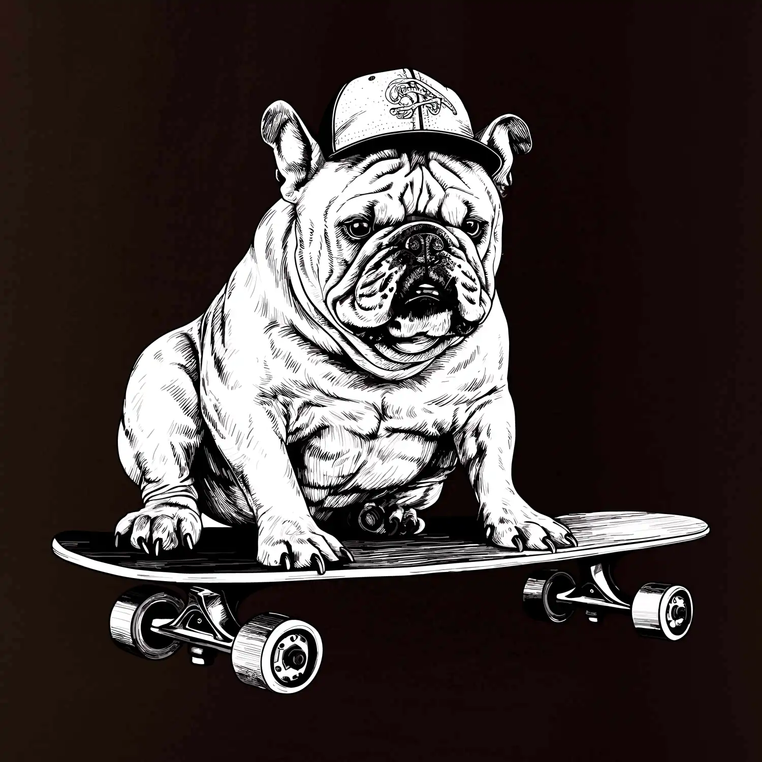 Černobílý buldok na skateboardu