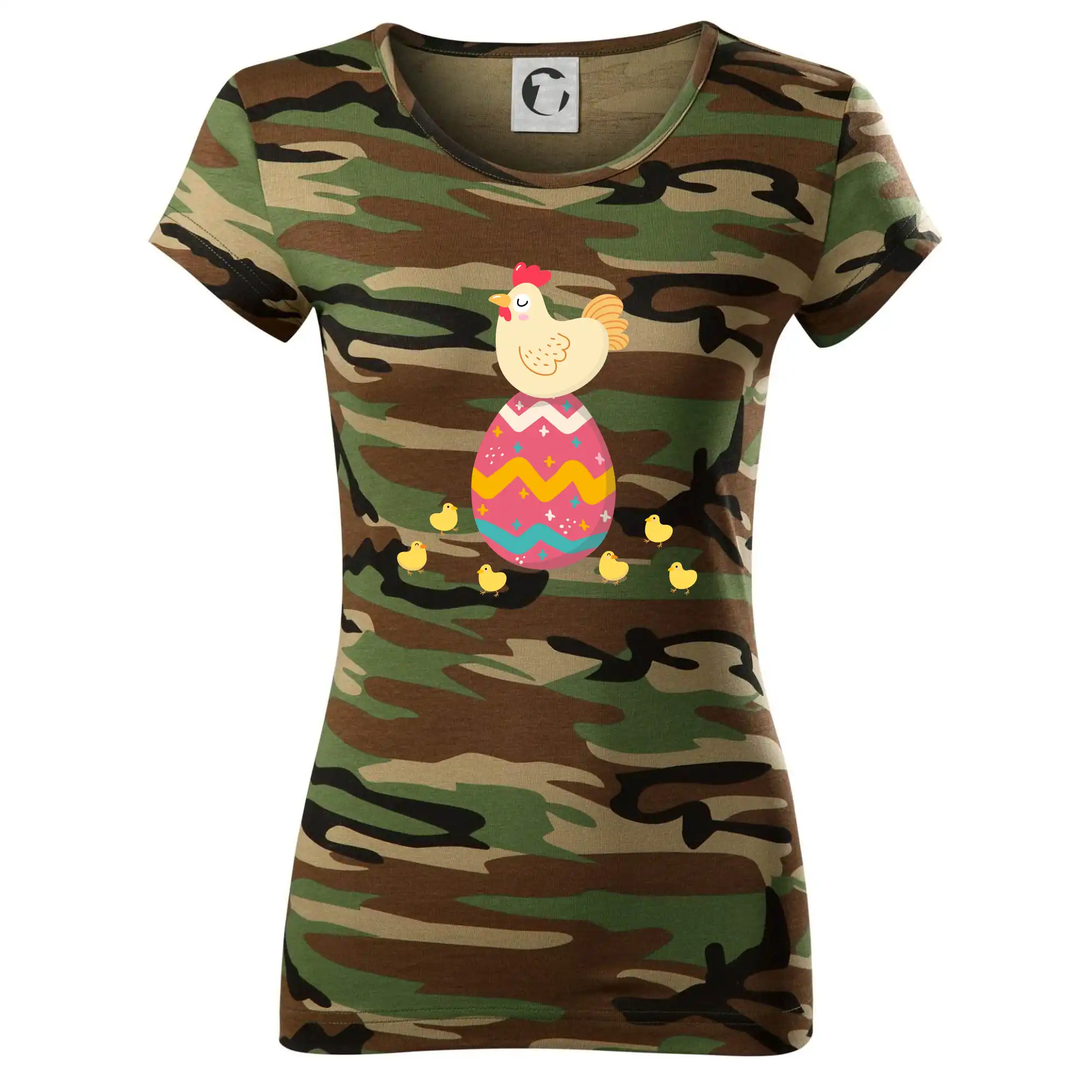 Slepice sedící na velikonočním vejci