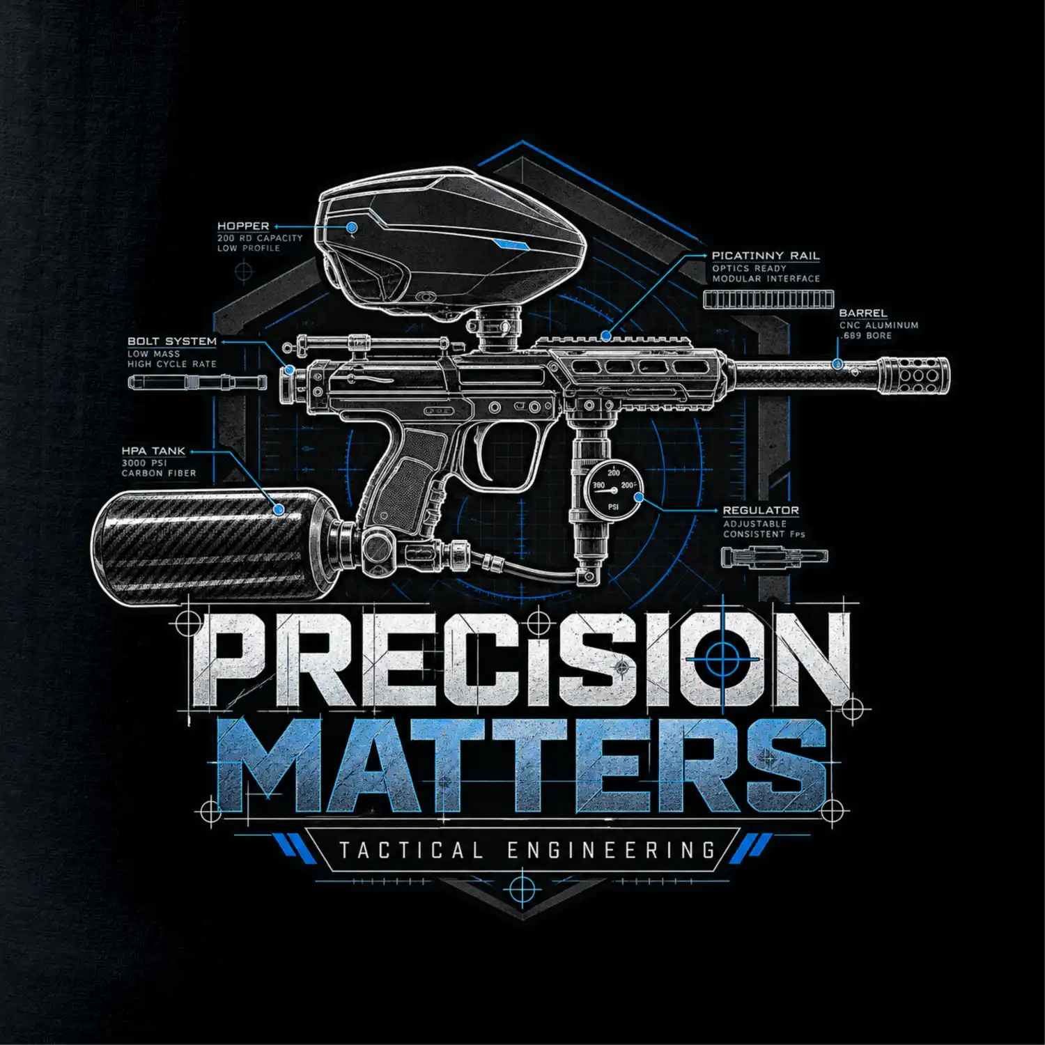 Technický nákres precision matters paintball