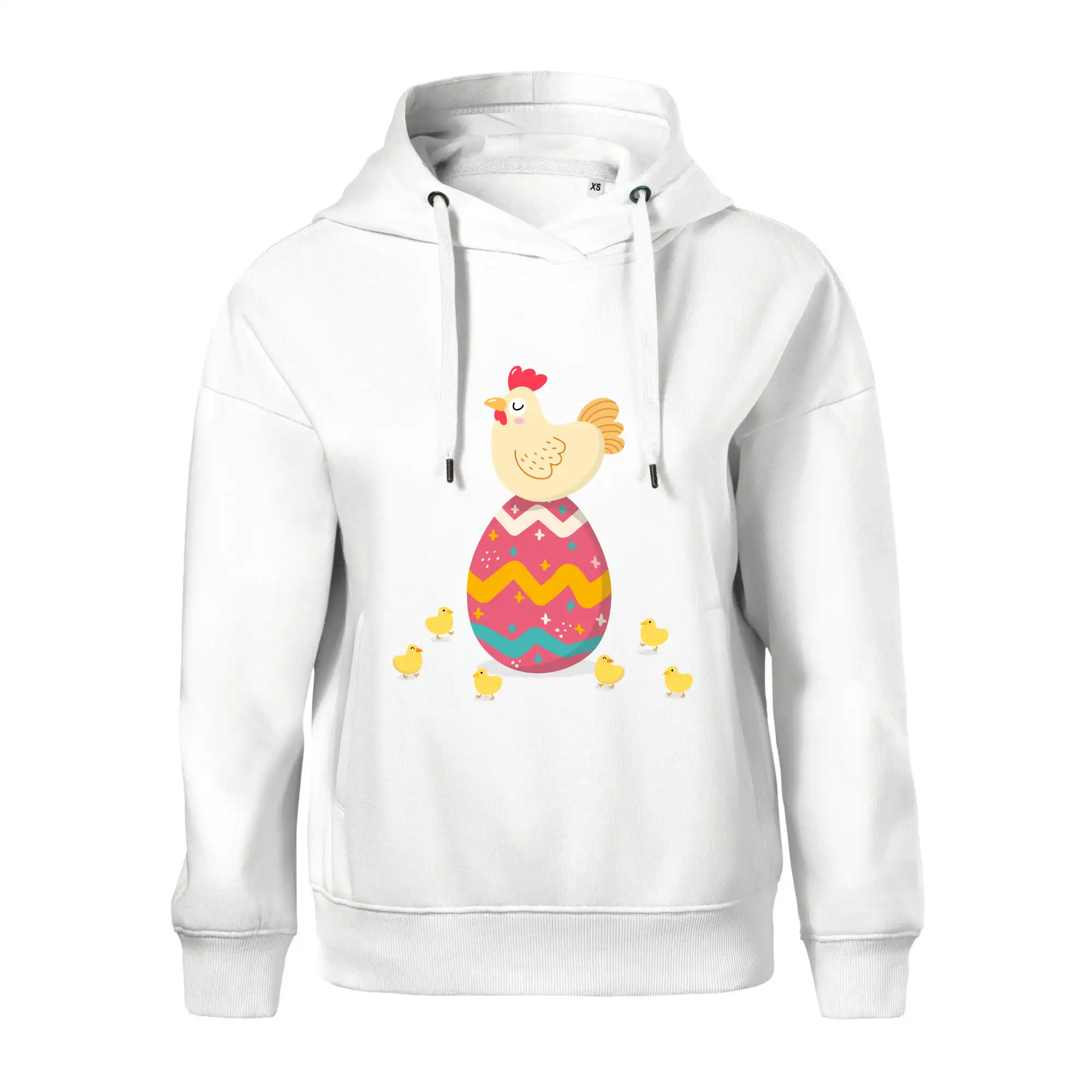 Slepice sedící na velikonočním vejci