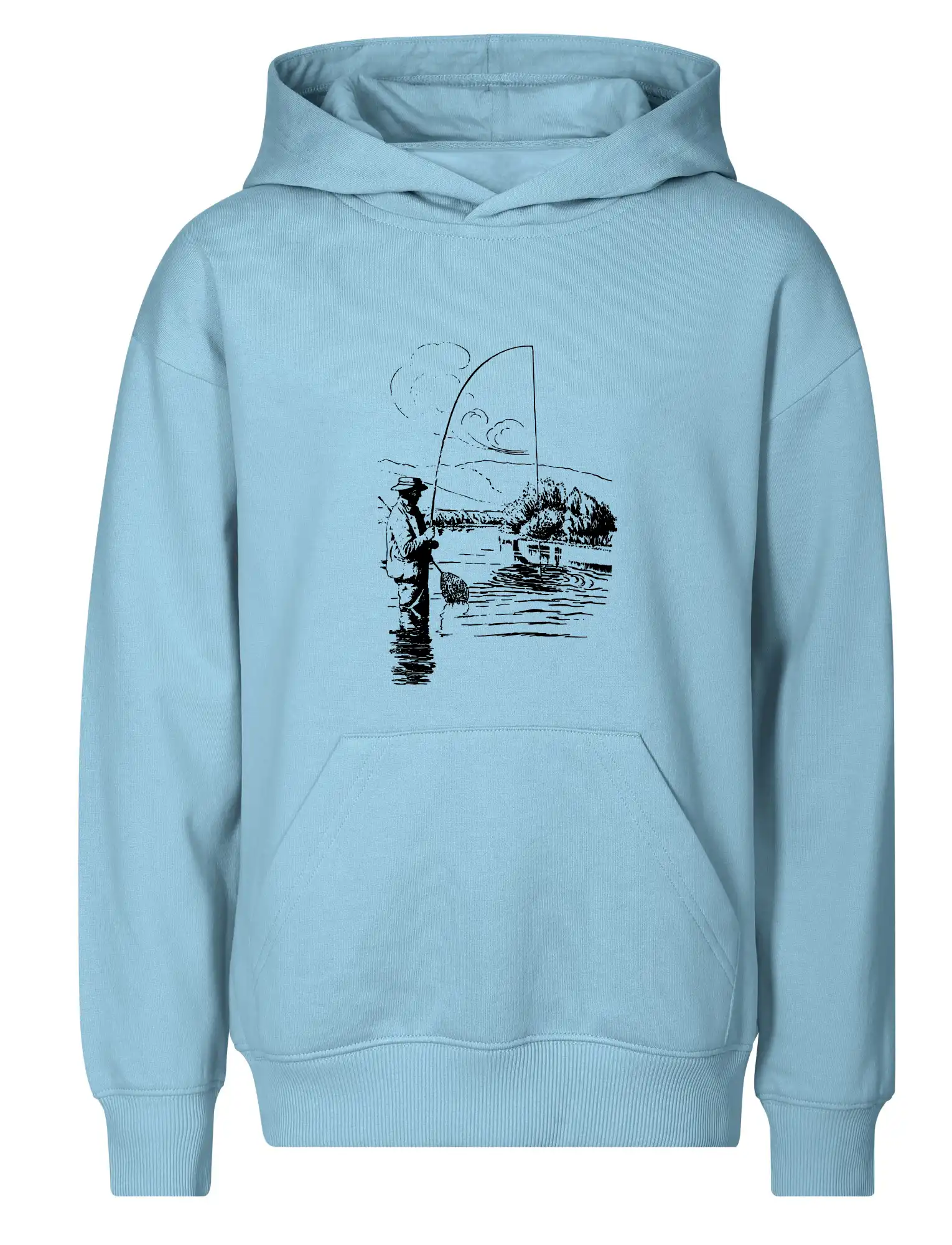 Kreslený rybář s podběrákem