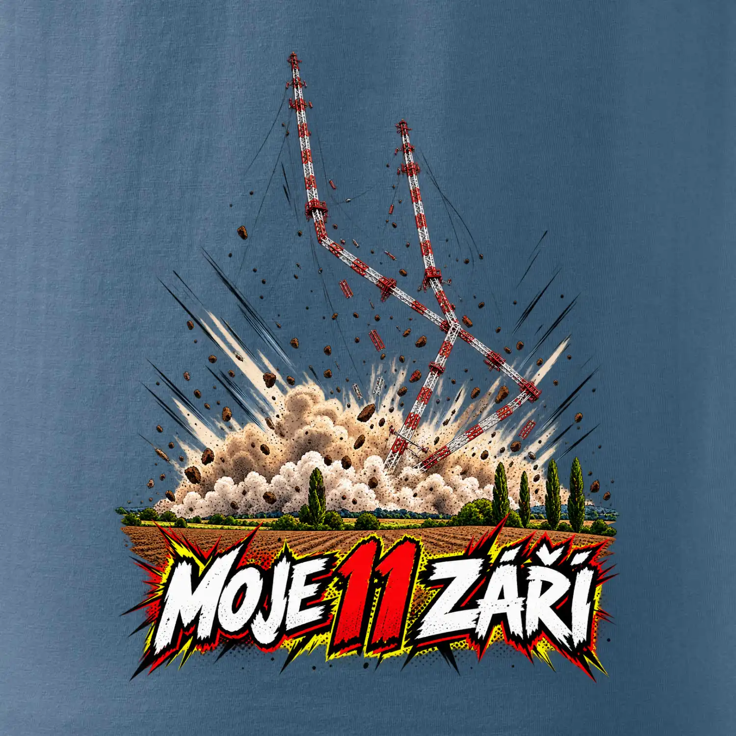 Liblice B pád vysílačů moje 11 září komiksový motiv