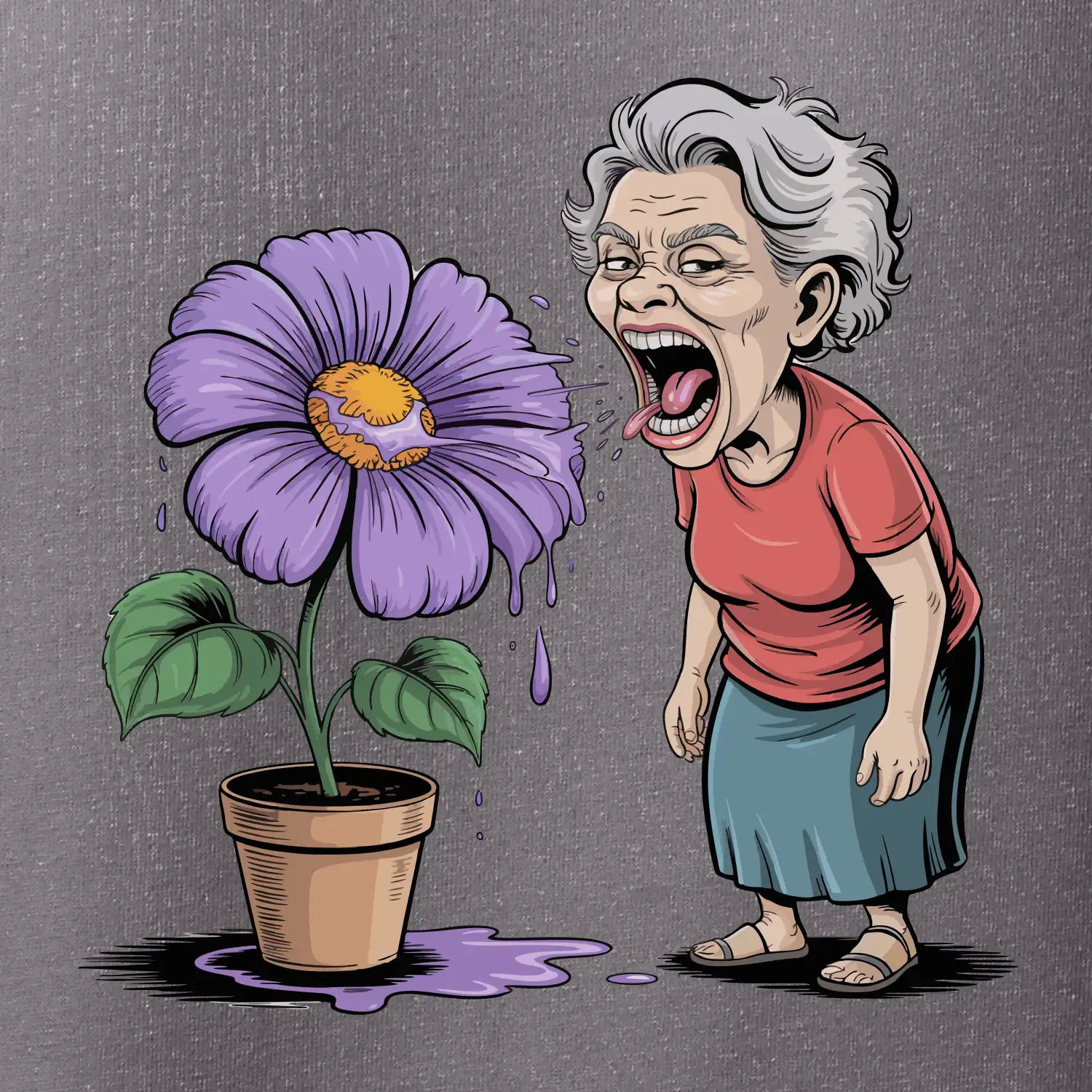 Stará paní plive na fialu