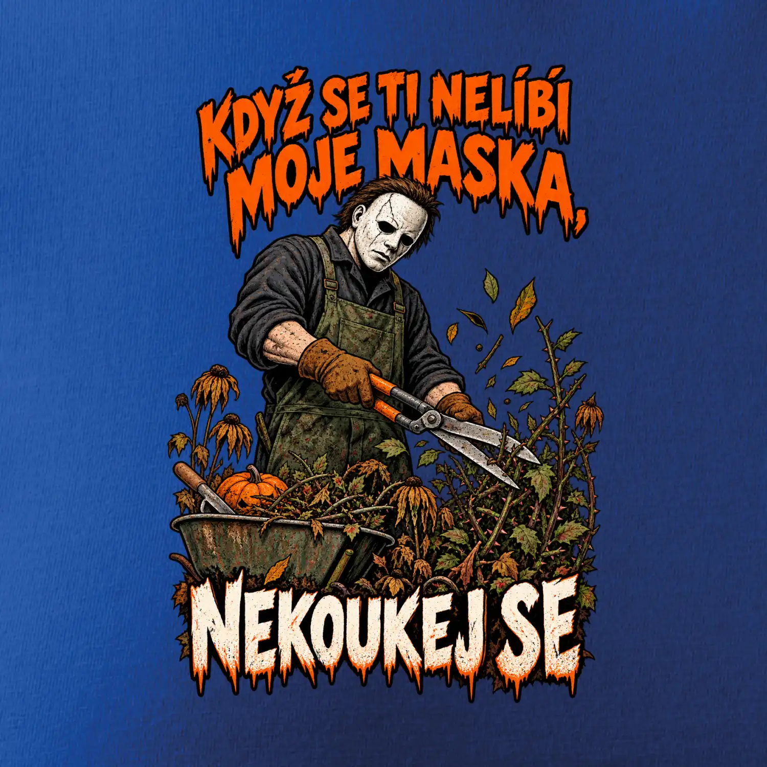 Maskovaný hororový zahradník se zahradními nůžkami