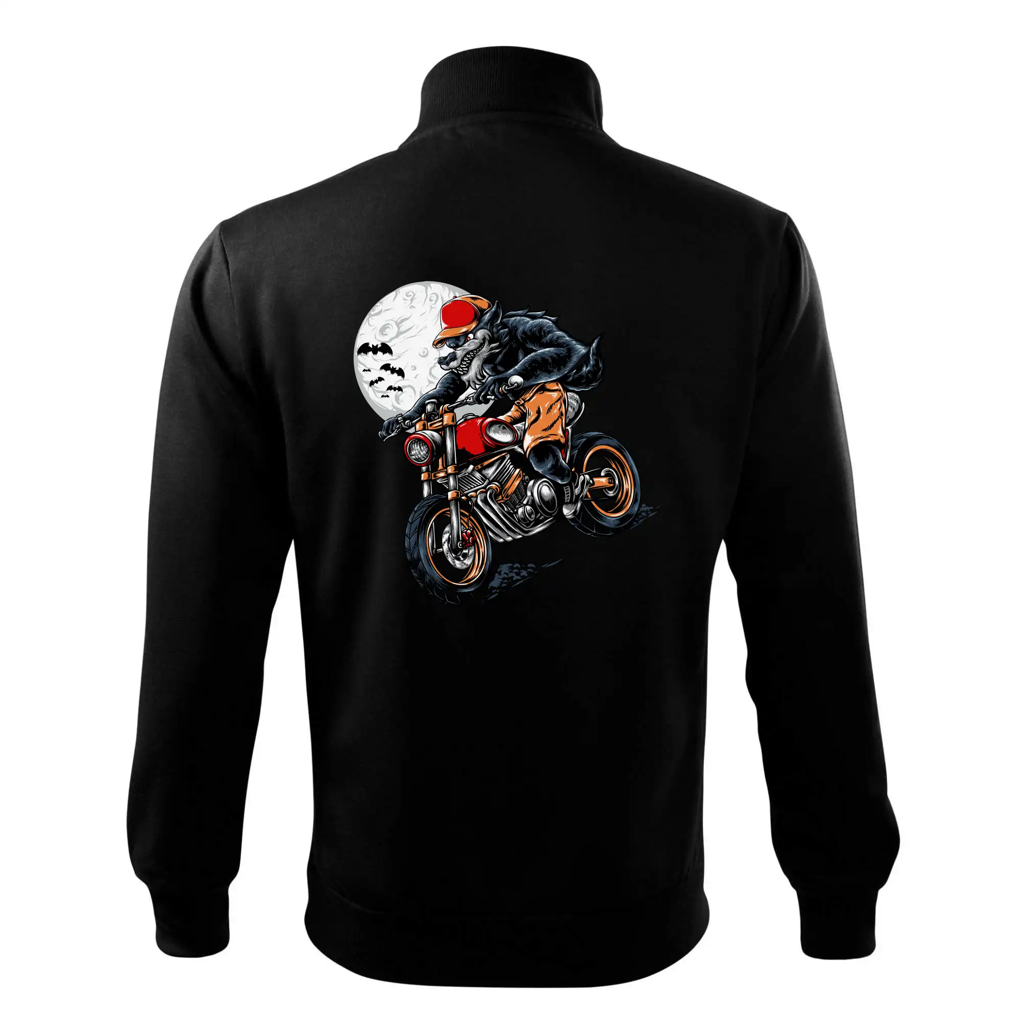 Kreslený vlk na motorce