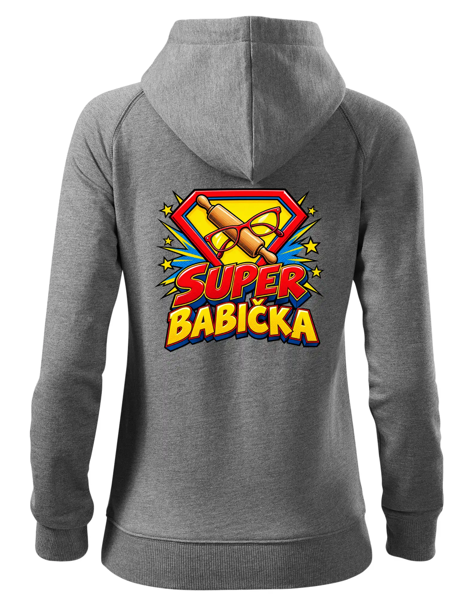 Super babička komiksový znak s válečkem a brýlemi