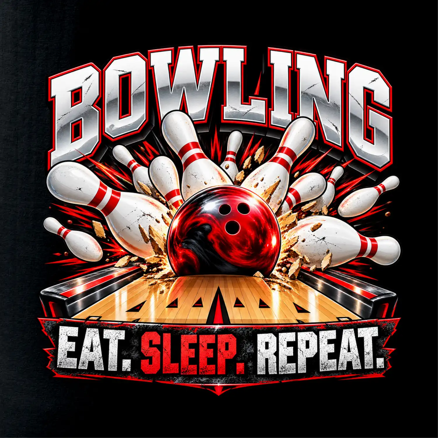 Bowlingová koule a kuželky eat sleep repeat