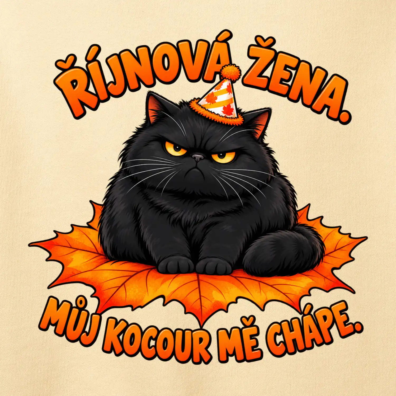 Říjnová žena mrzutý černý kocour na javorovém listu