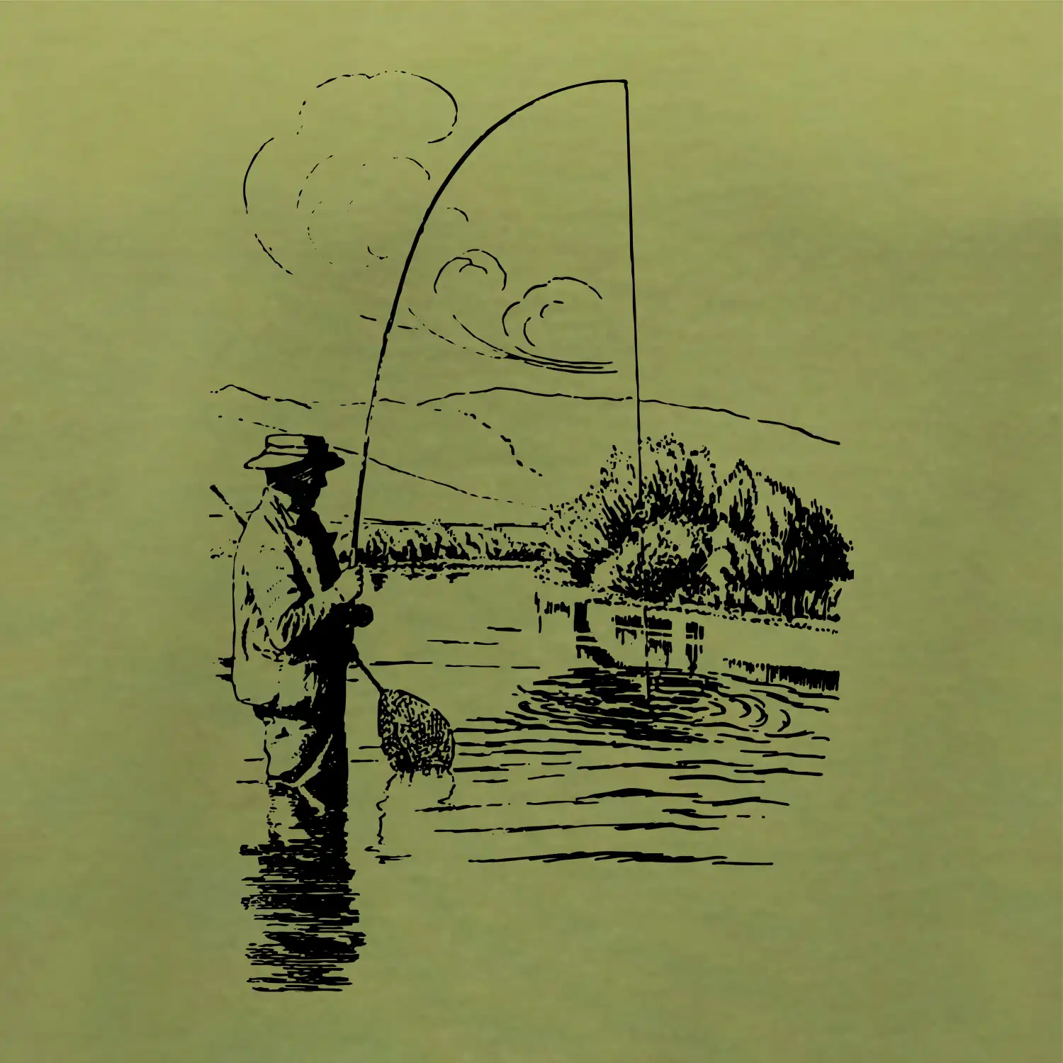 Kreslený rybář s podběrákem