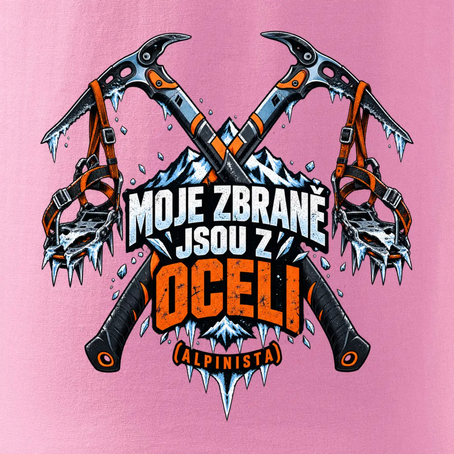 Alpinista se zbraněmi z oceli