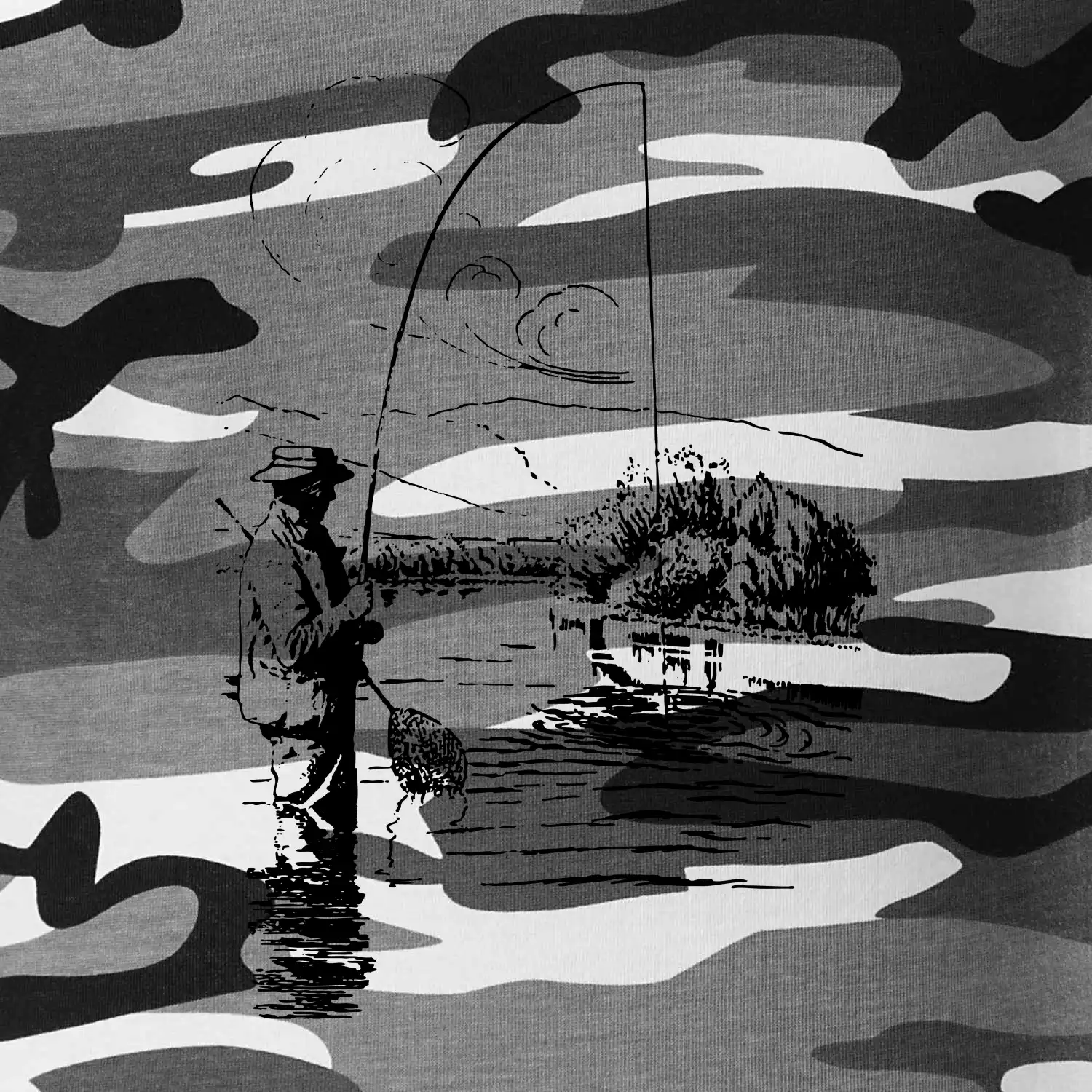 Kreslený rybář s podběrákem