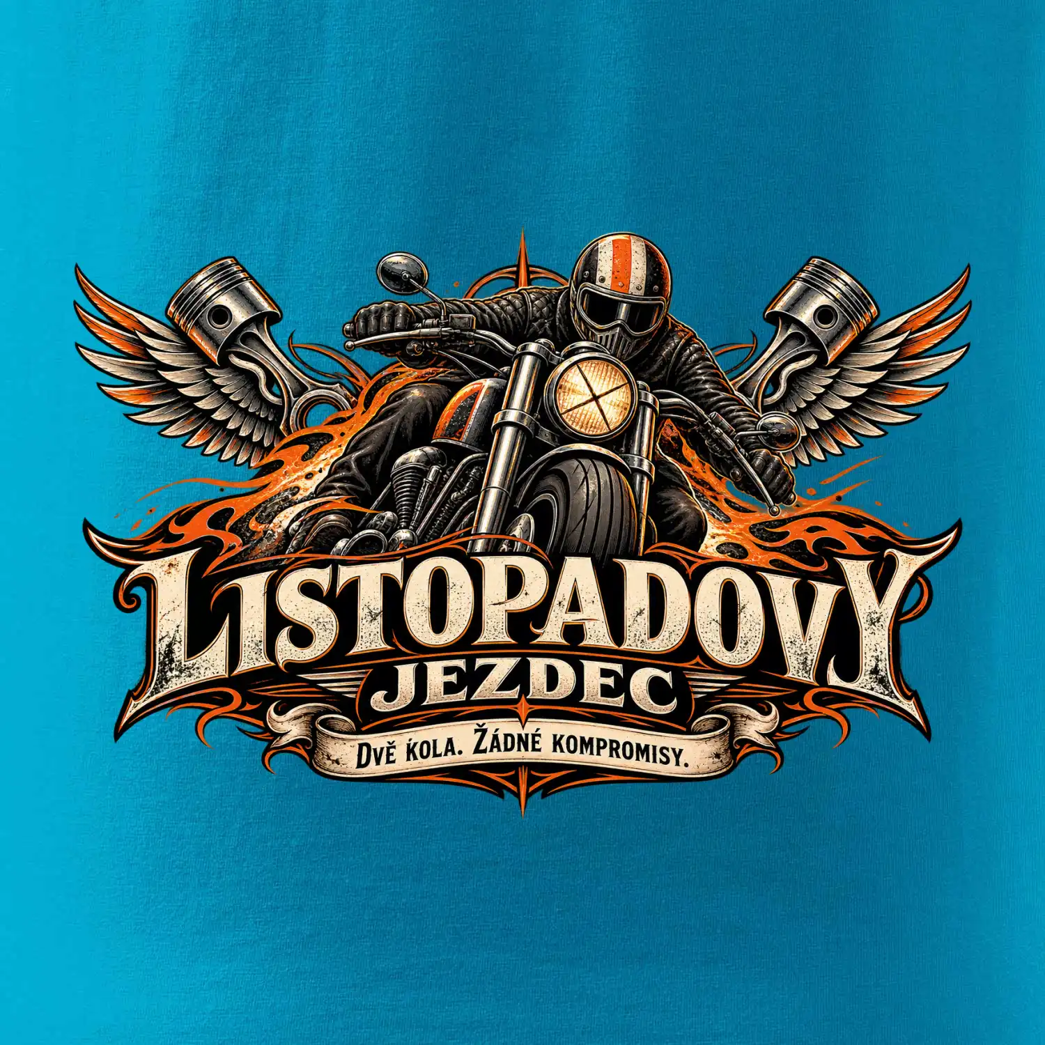 Listopadový motorkář se strojem a ohnivými křídly