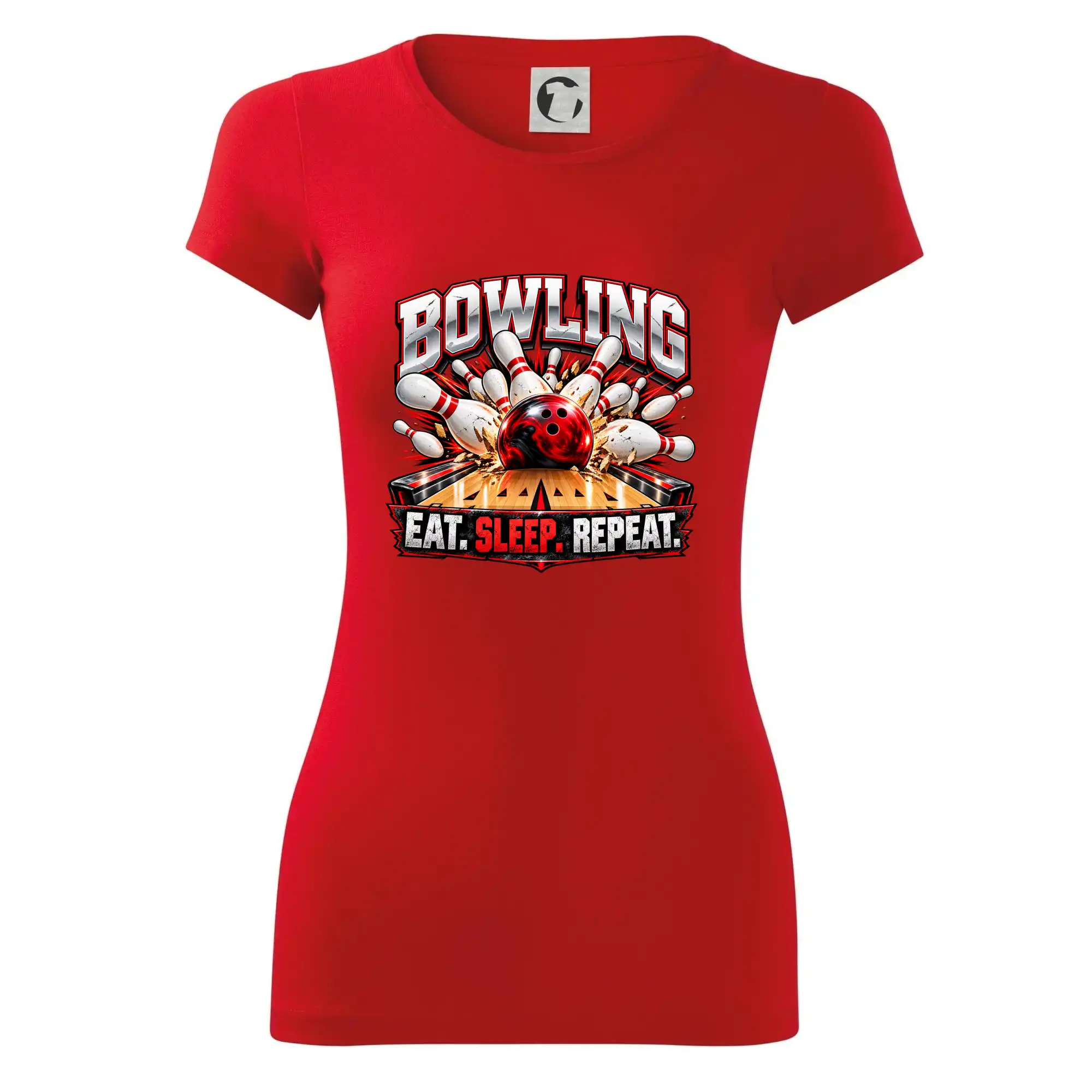 Bowlingová koule a kuželky eat sleep repeat