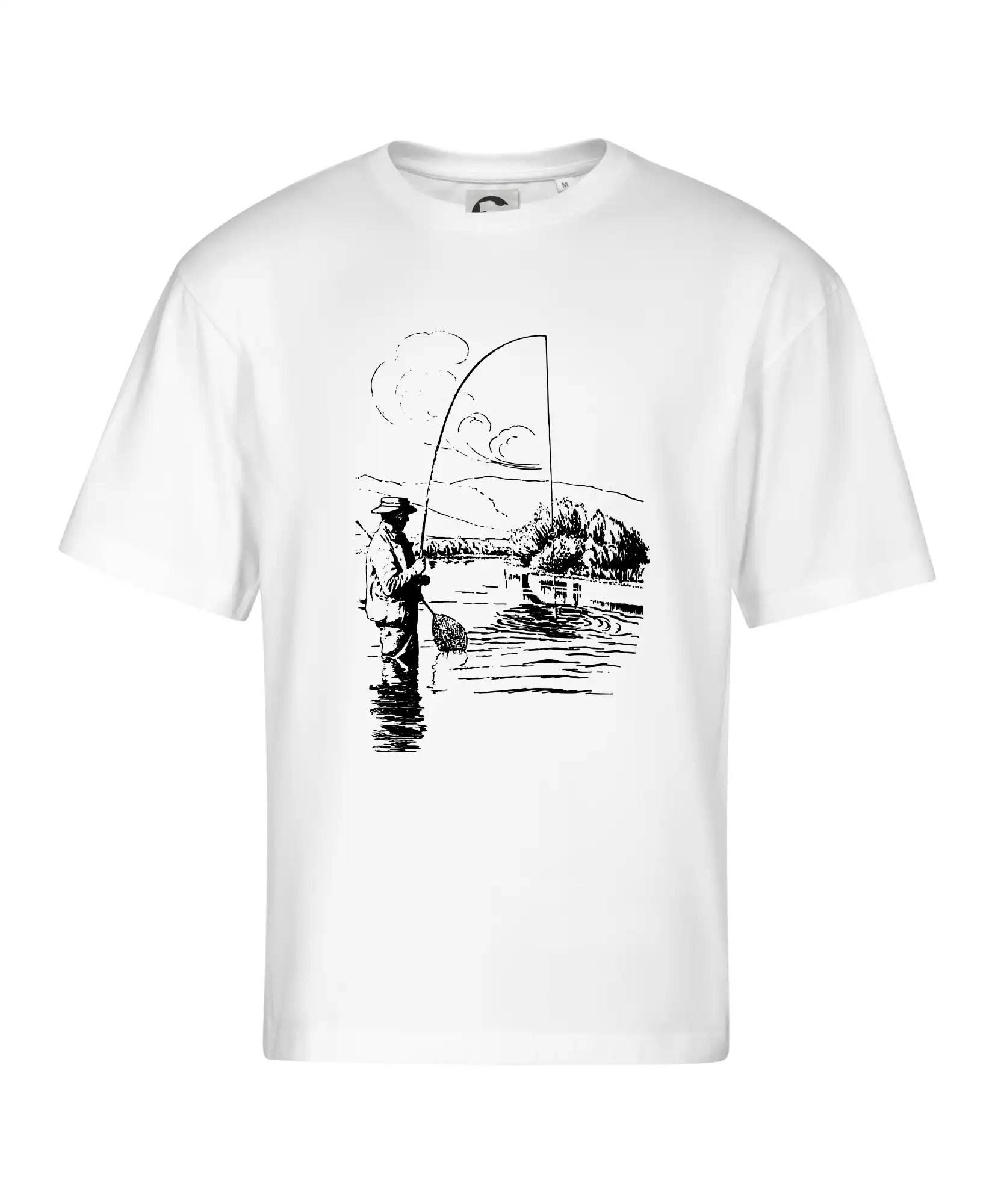 Kreslený rybář s podběrákem