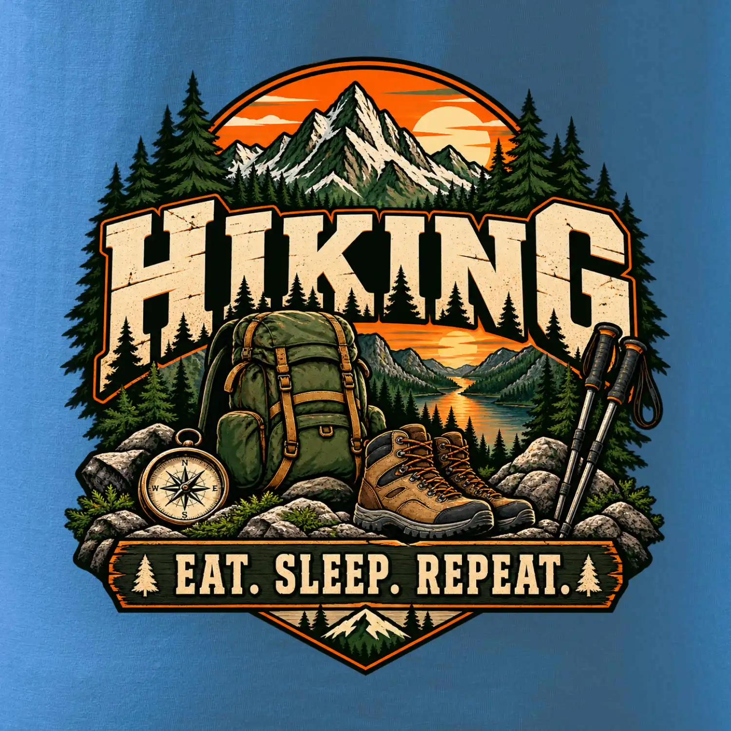 Turistický batoh v horách eat sleep repeat