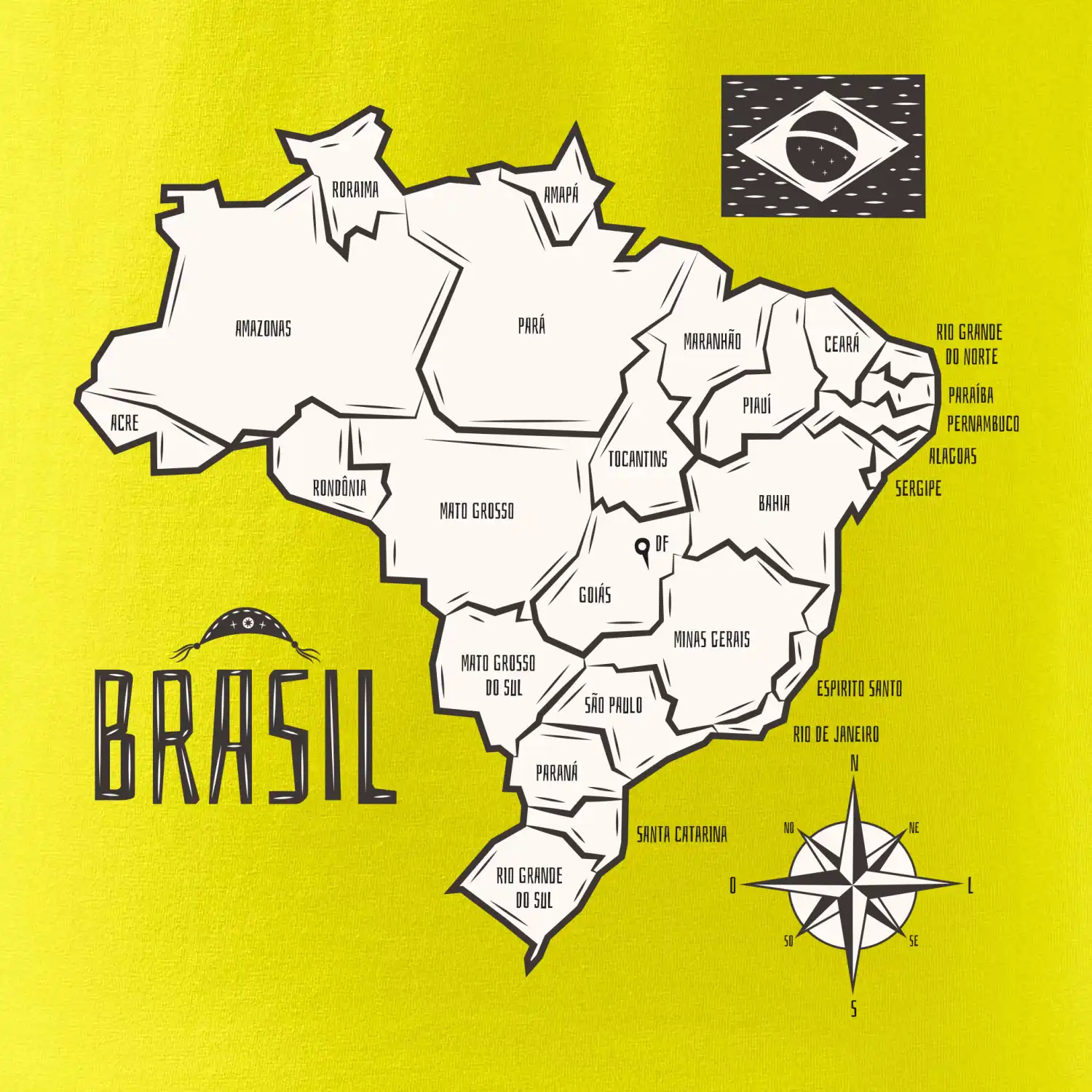 Brazílie mapa s názvy regionů
