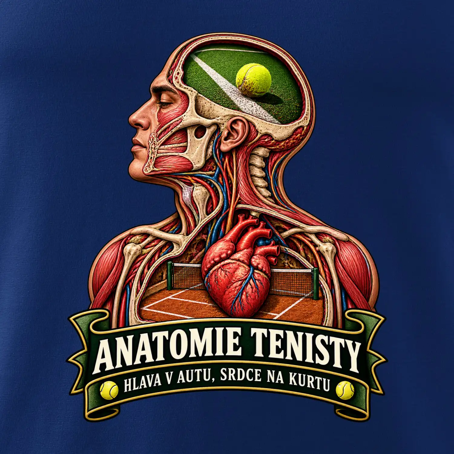 Anatomie tenisty hlava v autu srdce na kurtu