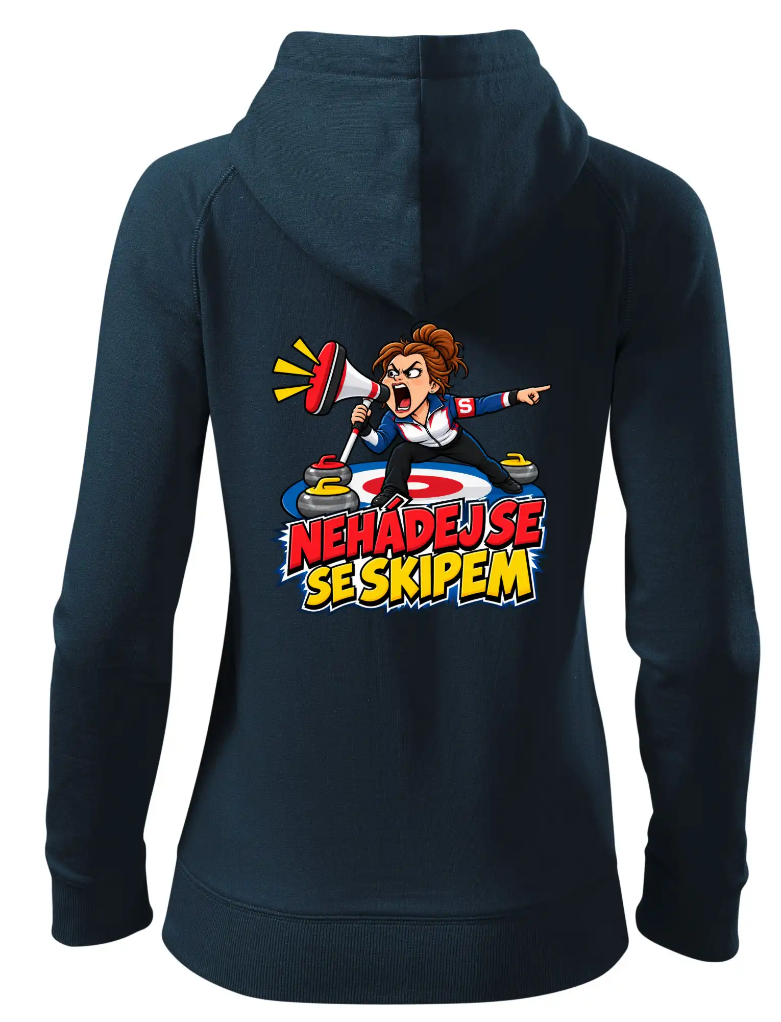 Rozzuřený curlingový skip s megafonem