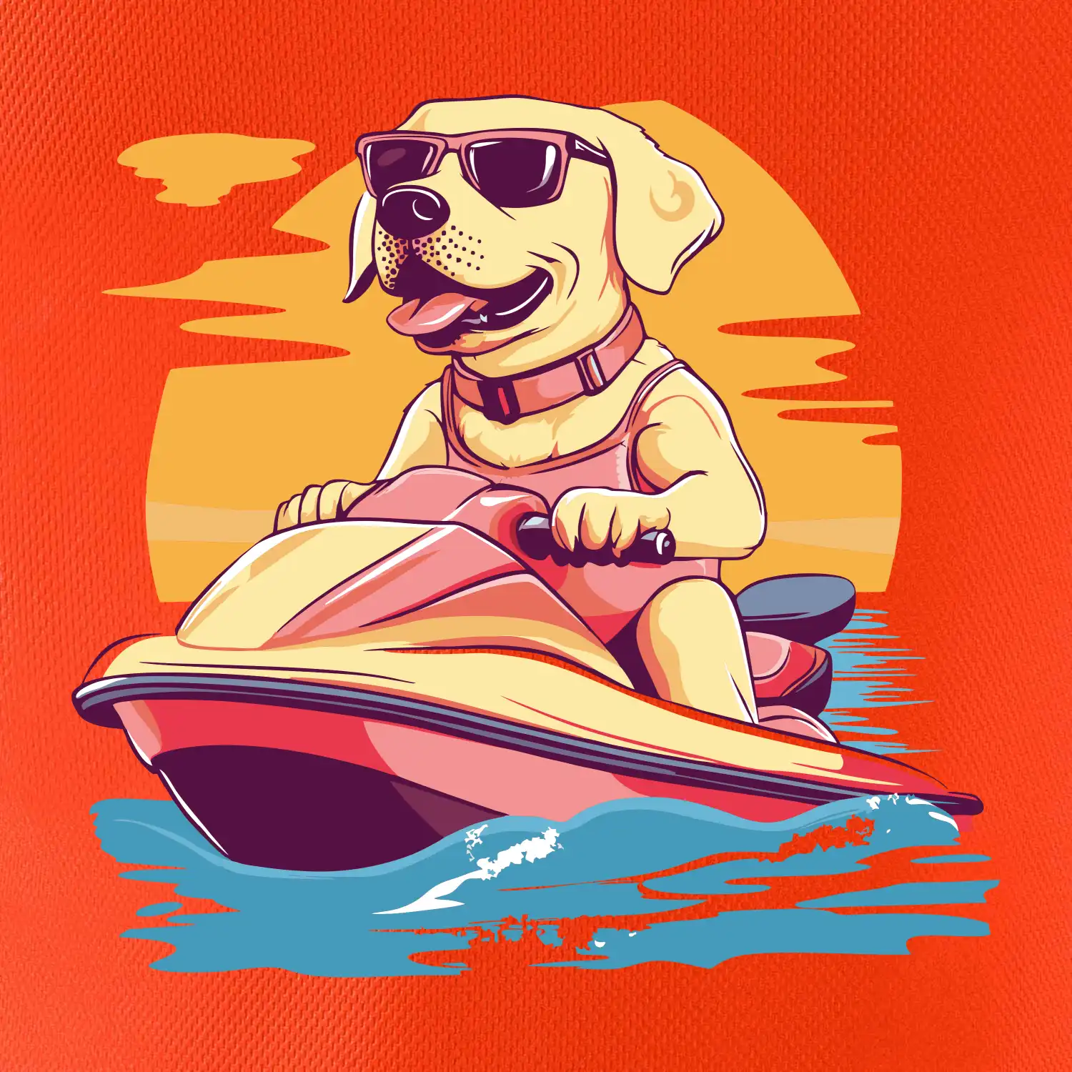 Zlatý retrívr na vodním skútru