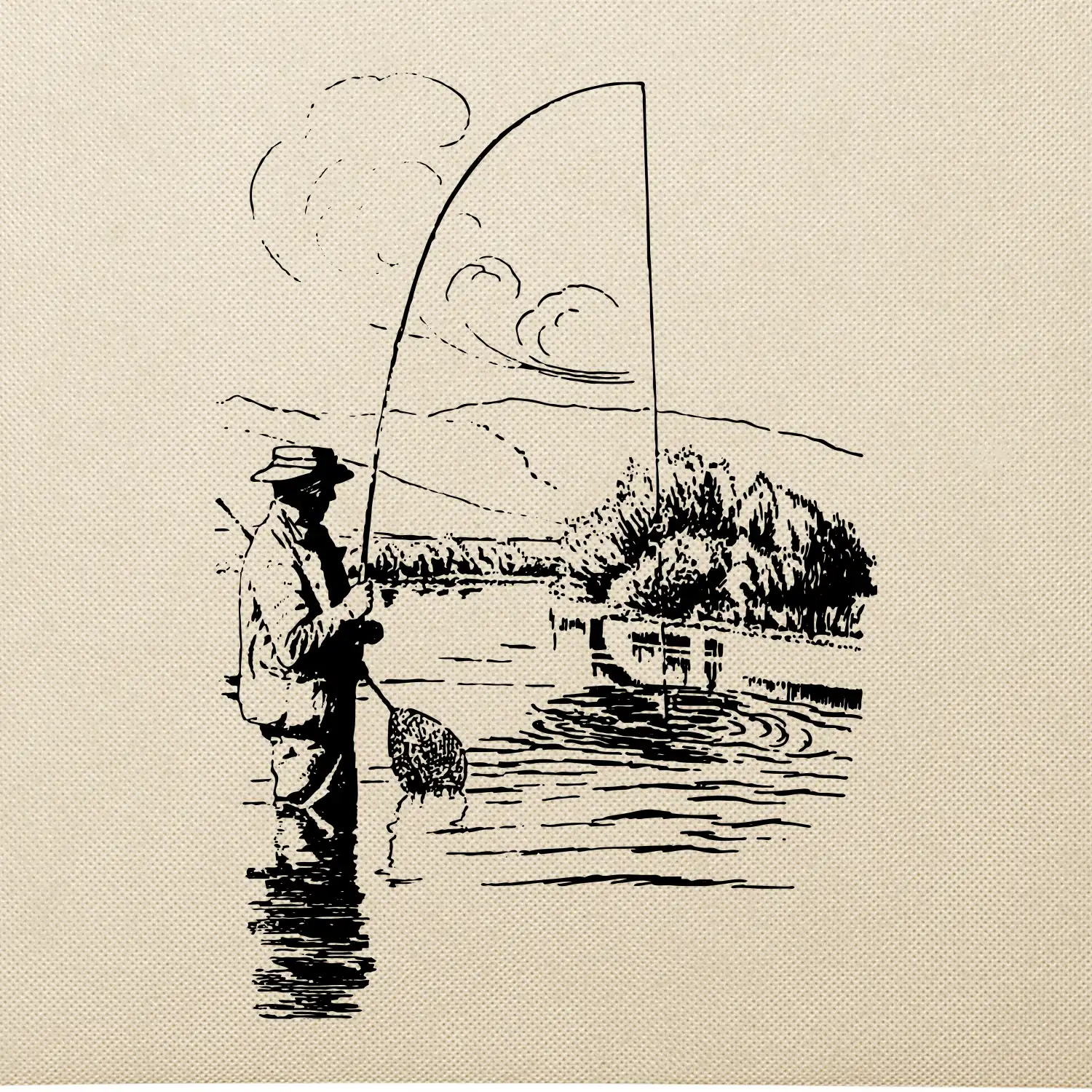 Kreslený rybář s podběrákem