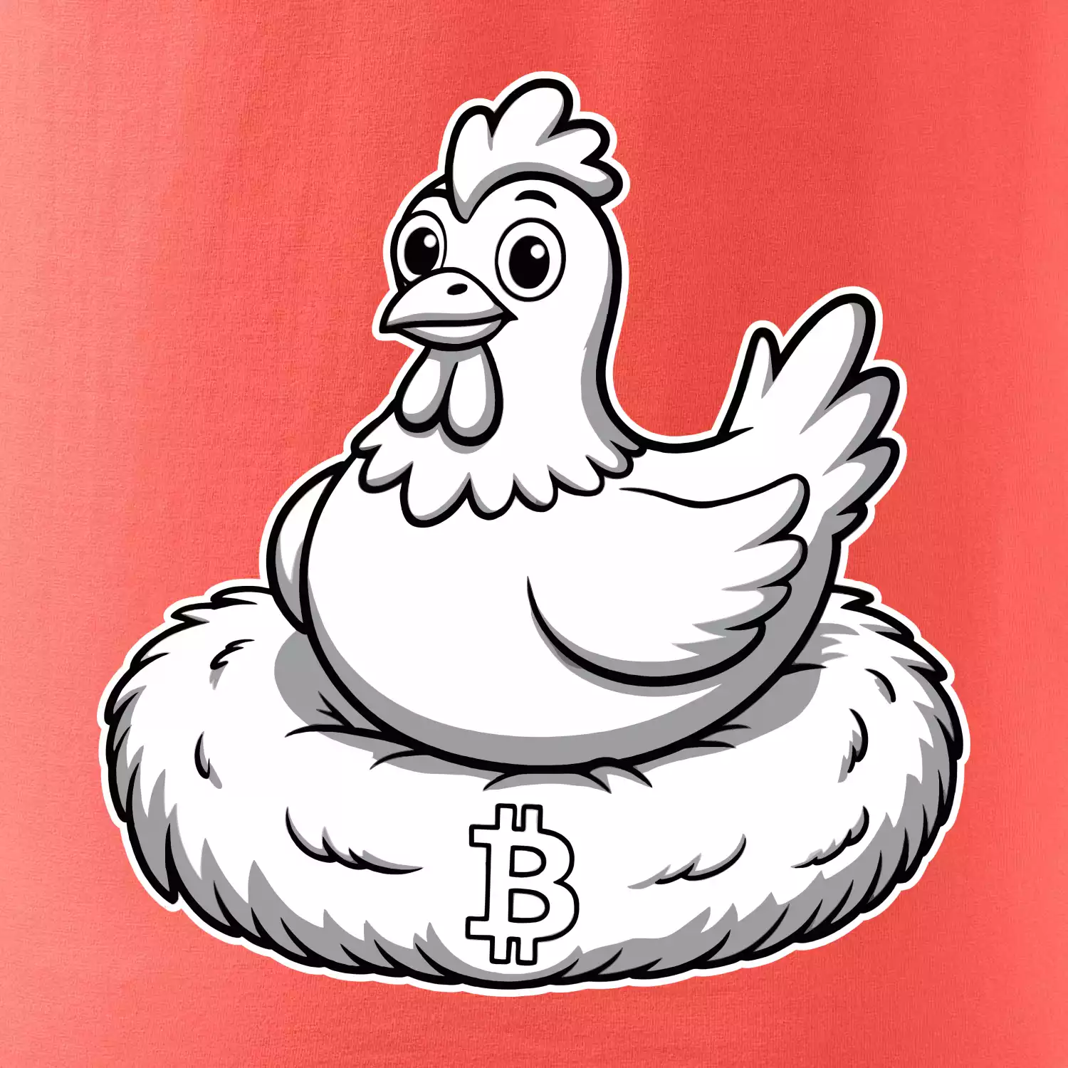 Kuře sedící na bitcoinovém hnízdě
