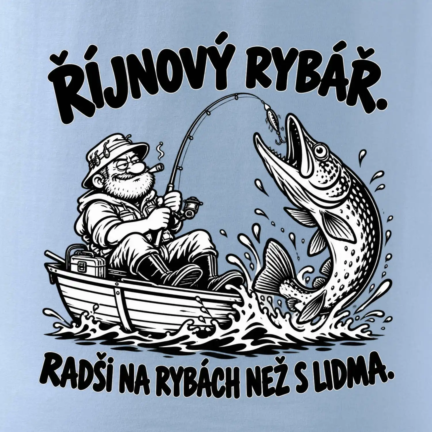 Říjnový rybář v loďce s obří štikou