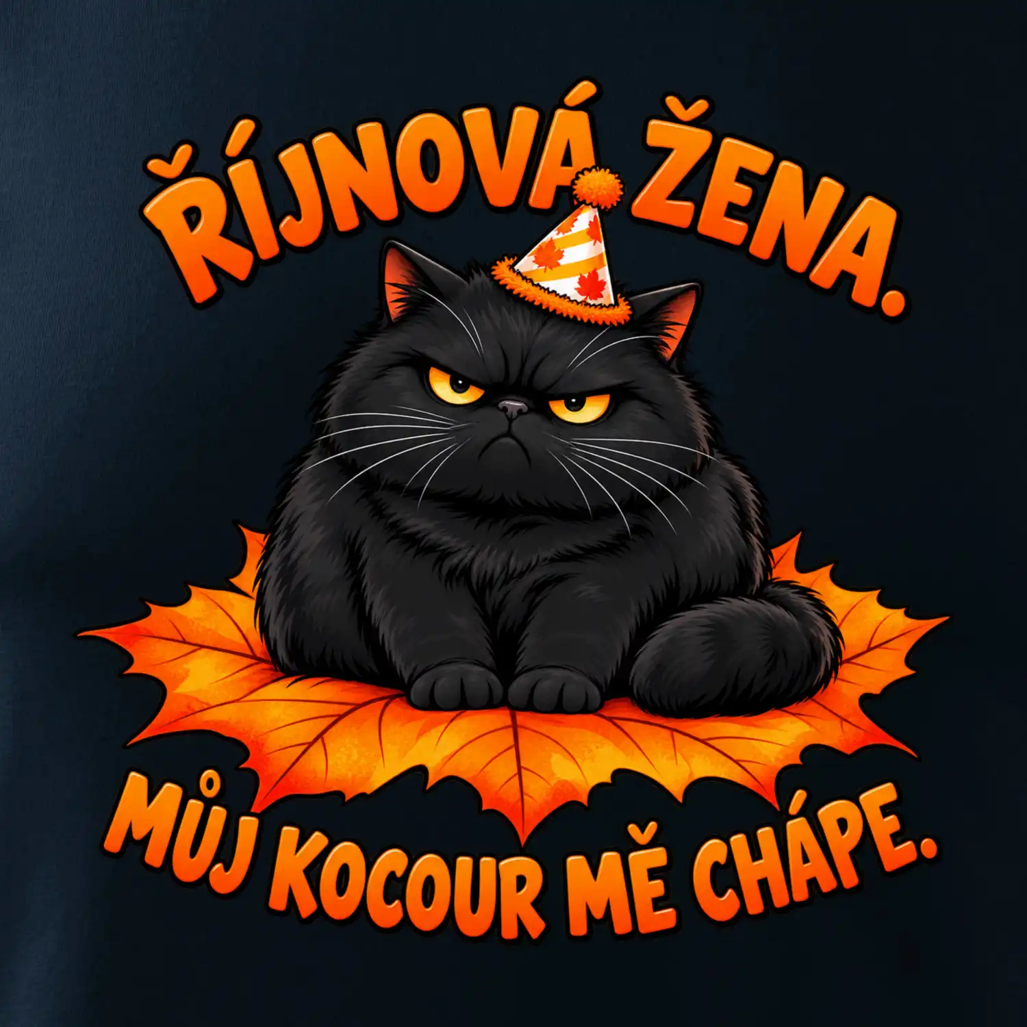 Říjnová žena mrzutý černý kocour na javorovém listu