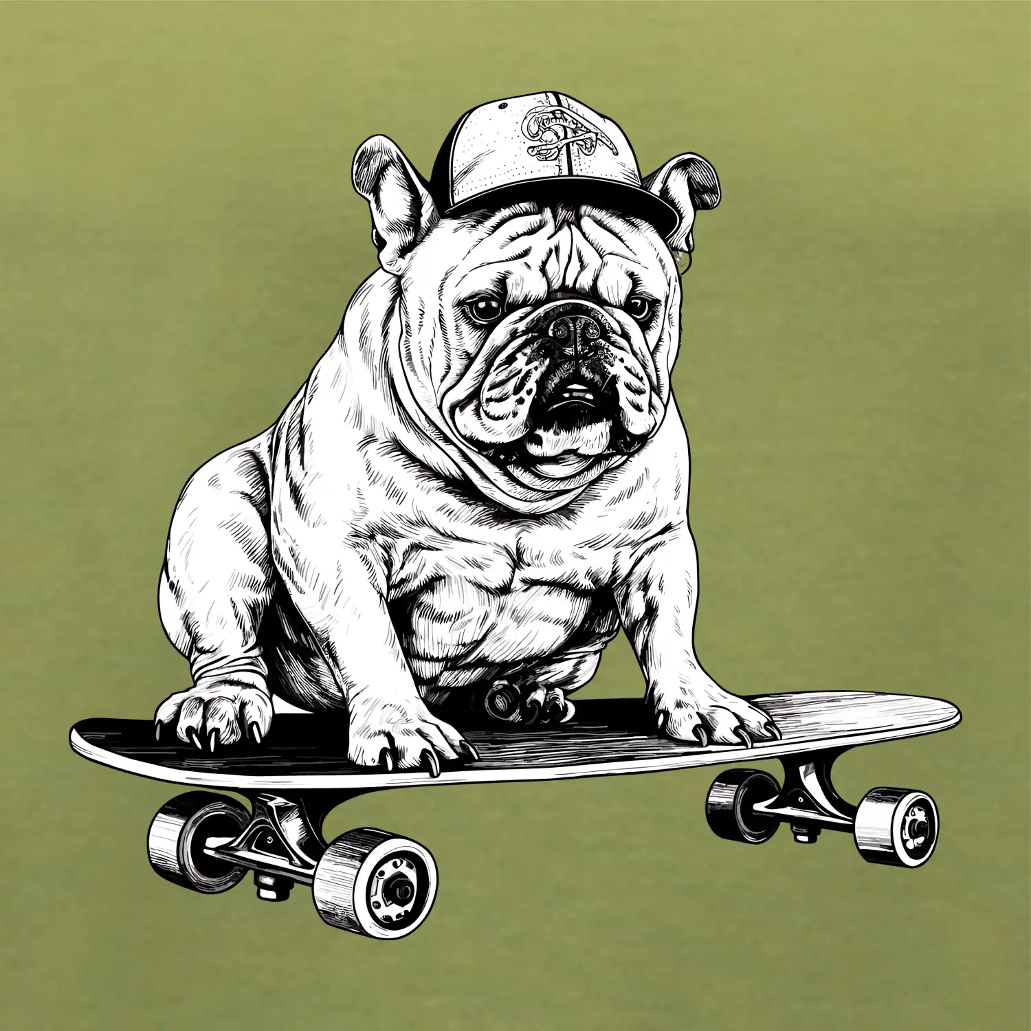 Černobílý buldok na skateboardu