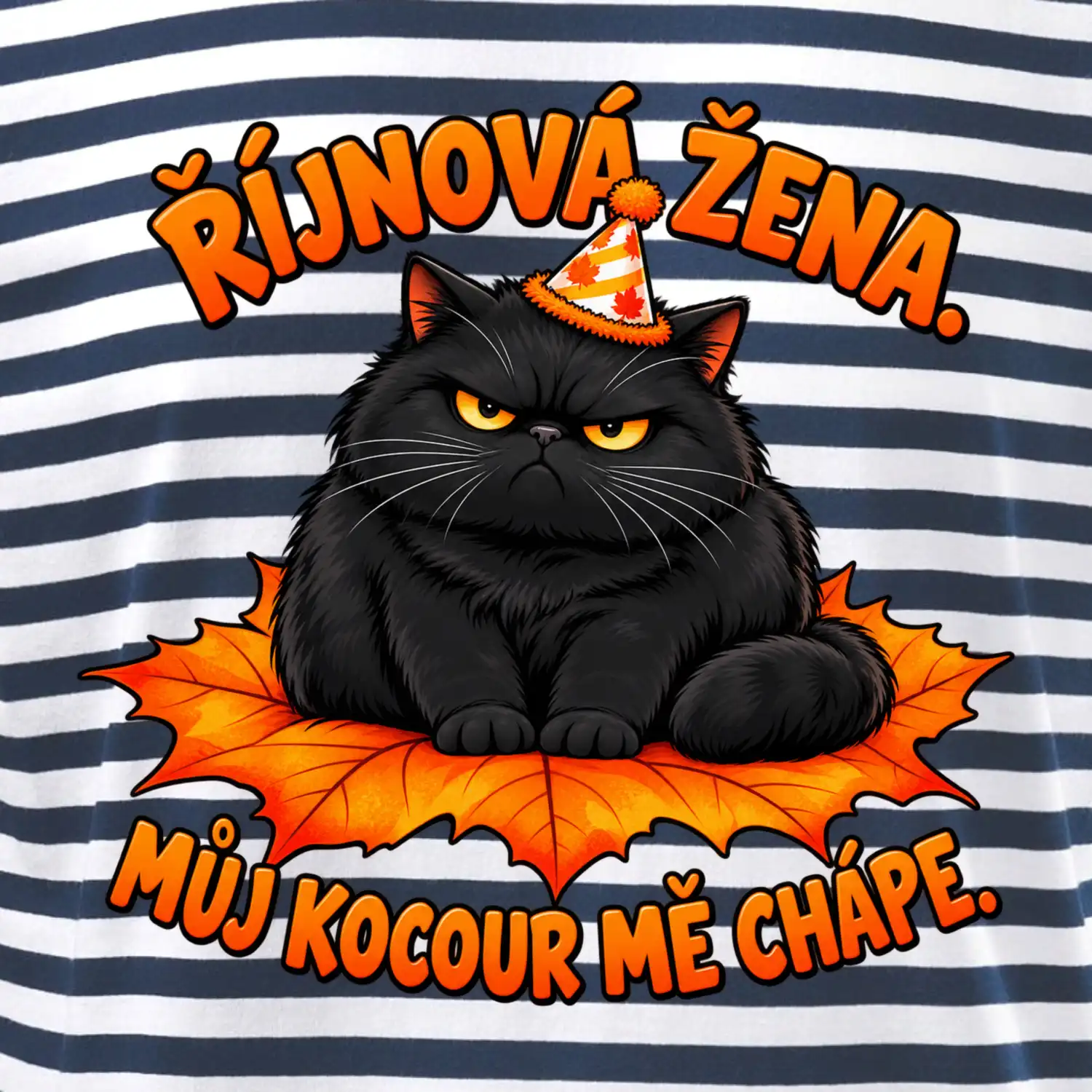 Říjnová žena mrzutý černý kocour na javorovém listu