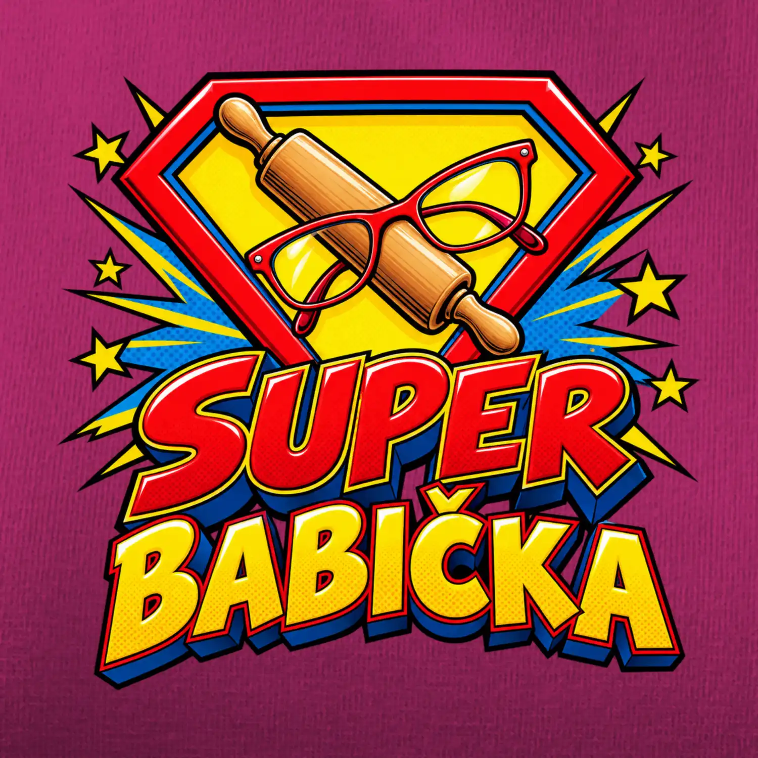 Super babička komiksový znak s válečkem a brýlemi